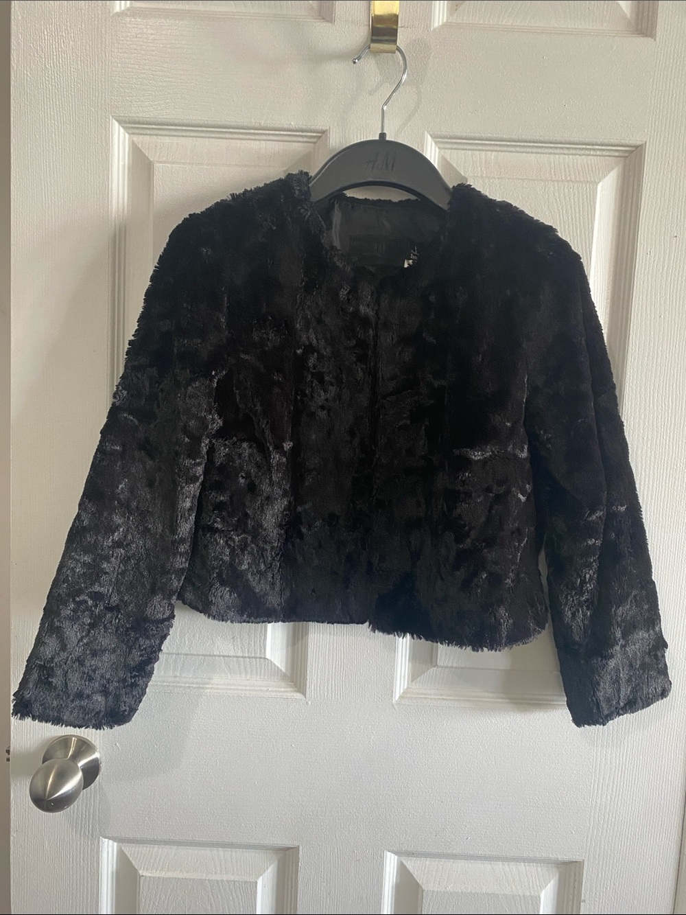 H&M ByNight Black Faux Fur Cropped Jacket - Size 2 XS Evening Coat EUC